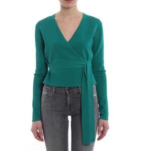 Diane Von Furstenberg Womens Wrap Sweater Top Teal Green V-Neck Belted NWT